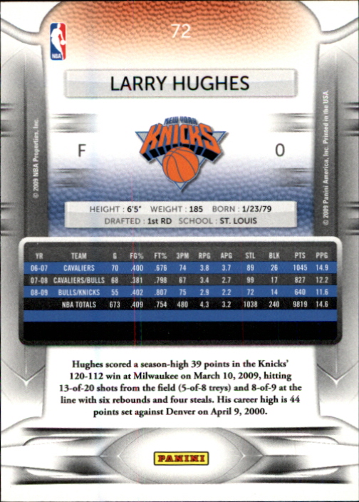 2009-10 Prestige #72 Larry Hughes back image