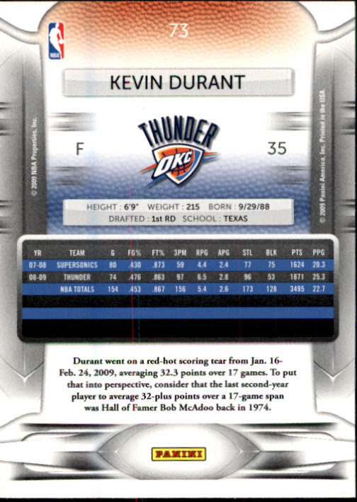 2009-10 Prestige #73 Kevin Durant back image