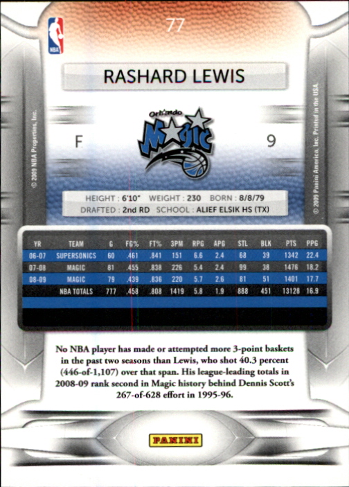 2009-10 Prestige #77 Rashard Lewis back image
