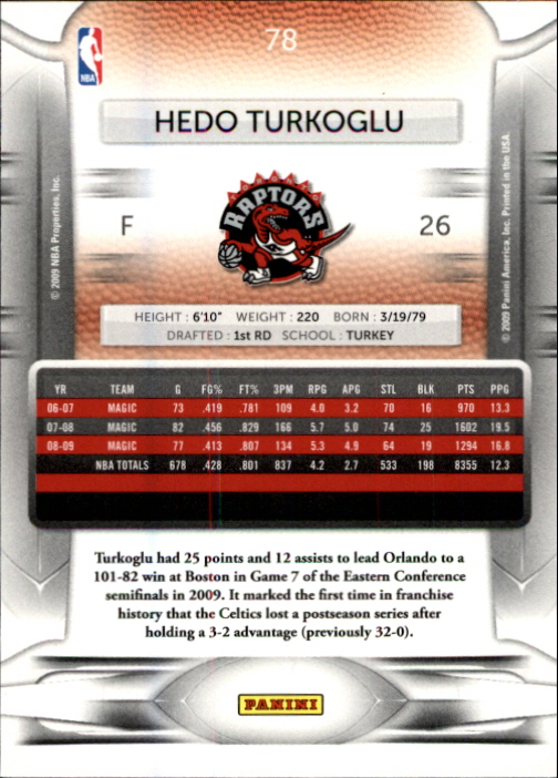 2009-10 Prestige #78 Hedo Turkoglu back image