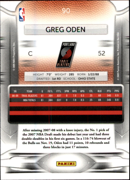 2009-10 Prestige #90 Greg Oden back image