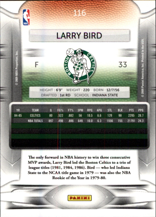 2009-10 Prestige #116 Larry Bird back image