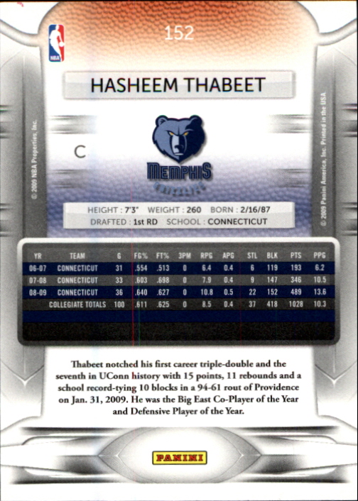 2009-10 Prestige #152 Hasheem Thabeet RC back image