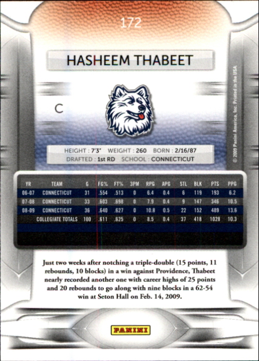 2009-10 Prestige #172 Hasheem Thabeet UConn RC back image