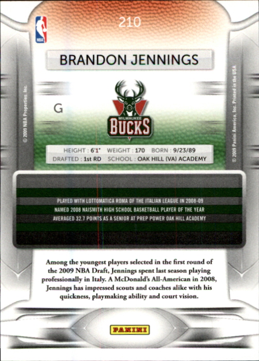 2009-10 Prestige #210 Brandon Jennings RC back image