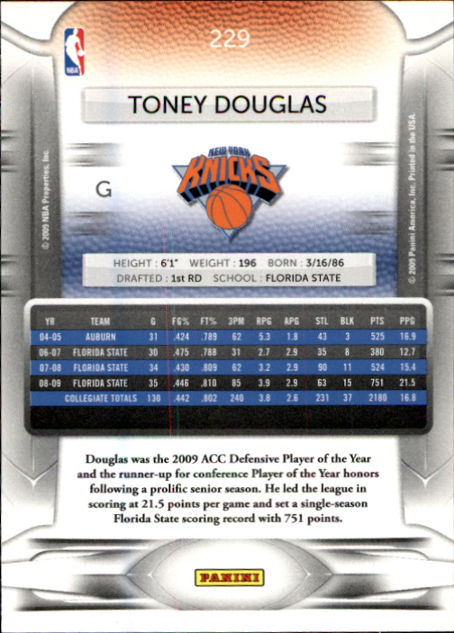 2009-10 Prestige #229 Toney Douglas RC back image