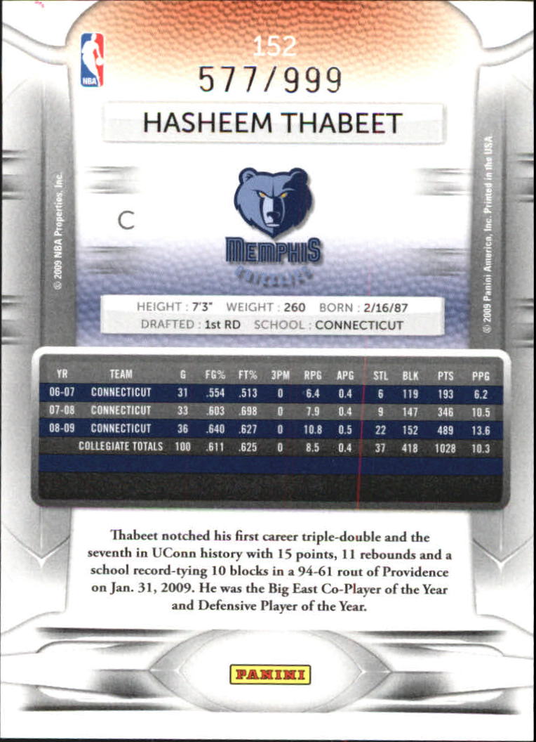 2009-10 Prestige Draft Picks Light Blue #152 Hasheem Thabeet back image