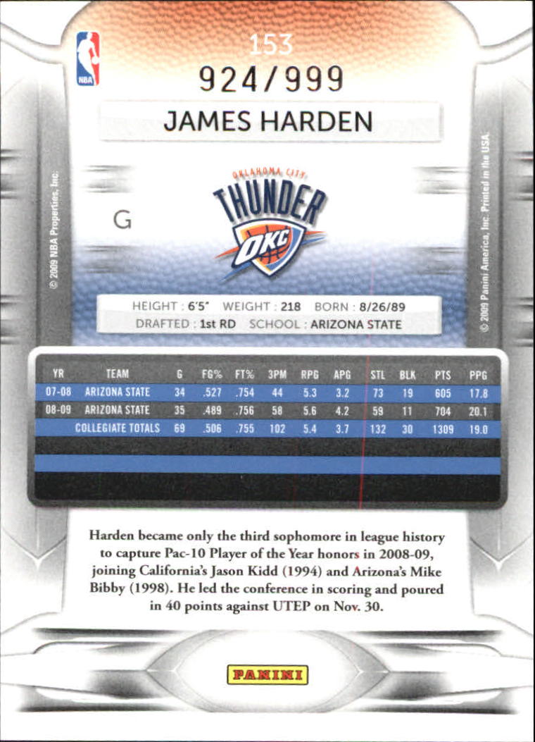 2009-10 Prestige Draft Picks Light Blue #153 James Harden back image
