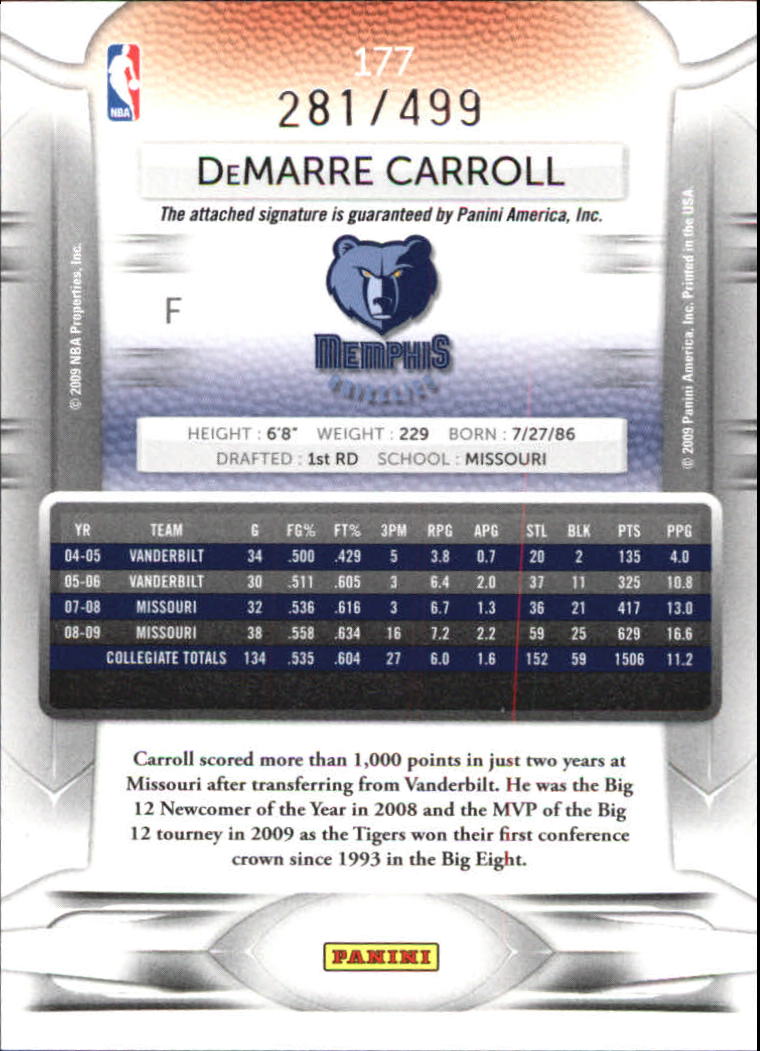 2009-10 Prestige Draft Picks Light Blue Autographs #177 DeMarre Carroll/499 back image