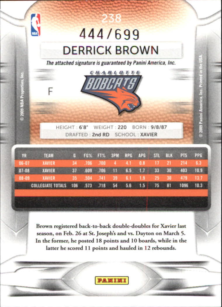 2009-10 Prestige Draft Picks Light Blue Autographs #238 Derrick Brown/699 back image