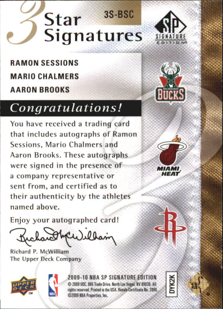 2009-10 SP Signature Edition 3 Star Signatures #3SBSC Aaron Brooks/Mario Chalmers/Ramon Sessions/199 back image