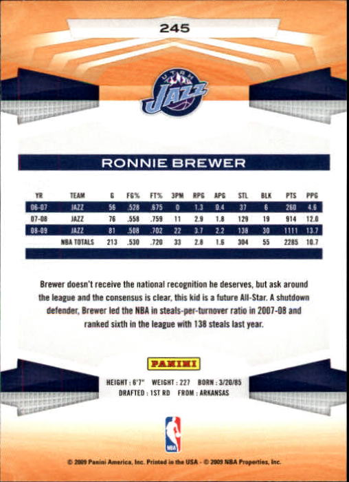 2009-10 Panini #245 Ronnie Brewer back image