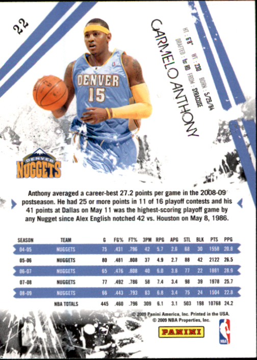2009-10 Rookies and Stars #22 Carmelo Anthony back image