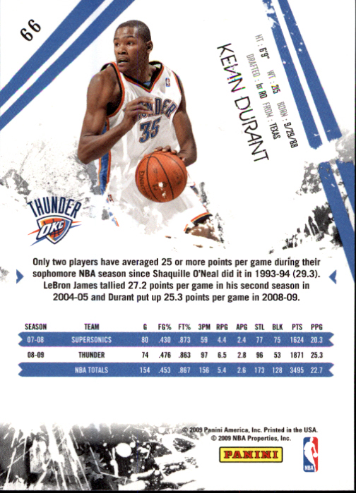 2009-10 Rookies and Stars #66 Kevin Durant back image