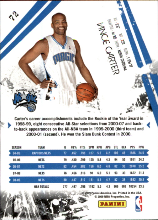 2009-10 Rookies and Stars #72 Vince Carter back image