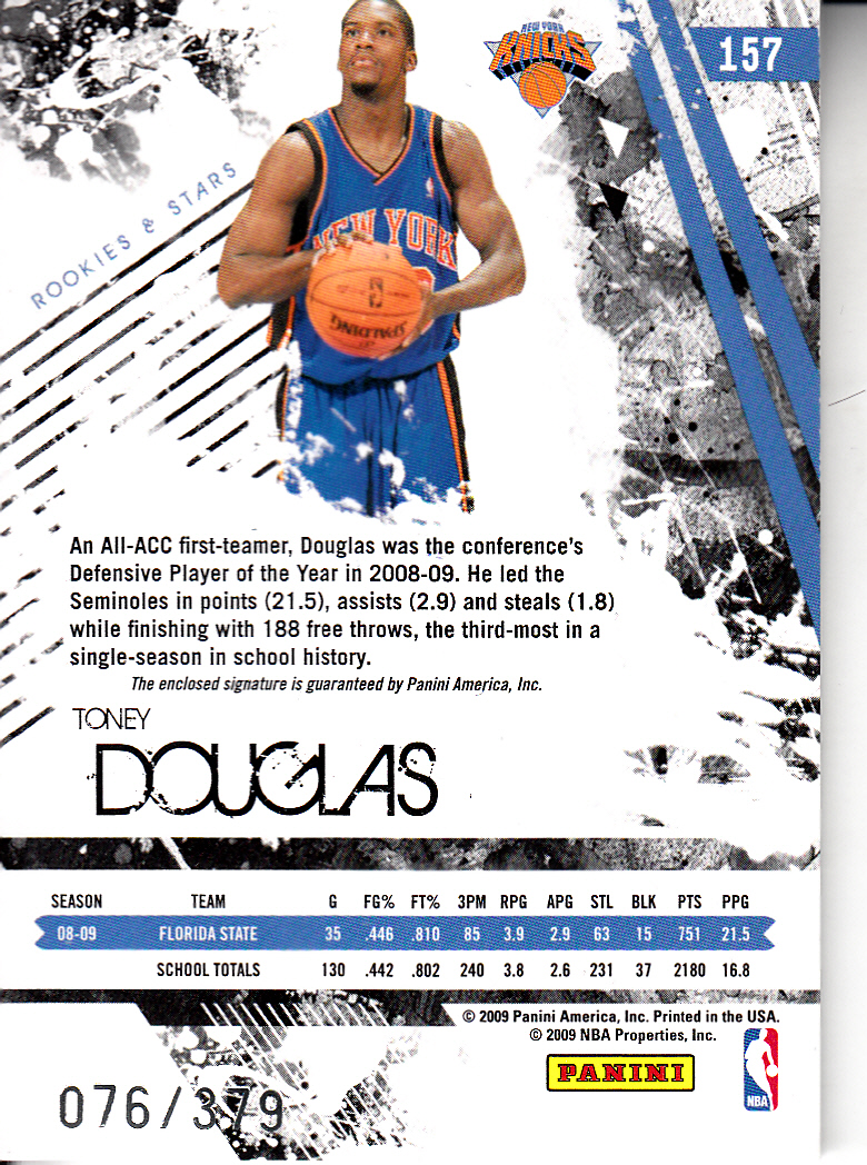 2009-10 Rookies and Stars #157 Toney Douglas AU/379 RC back image