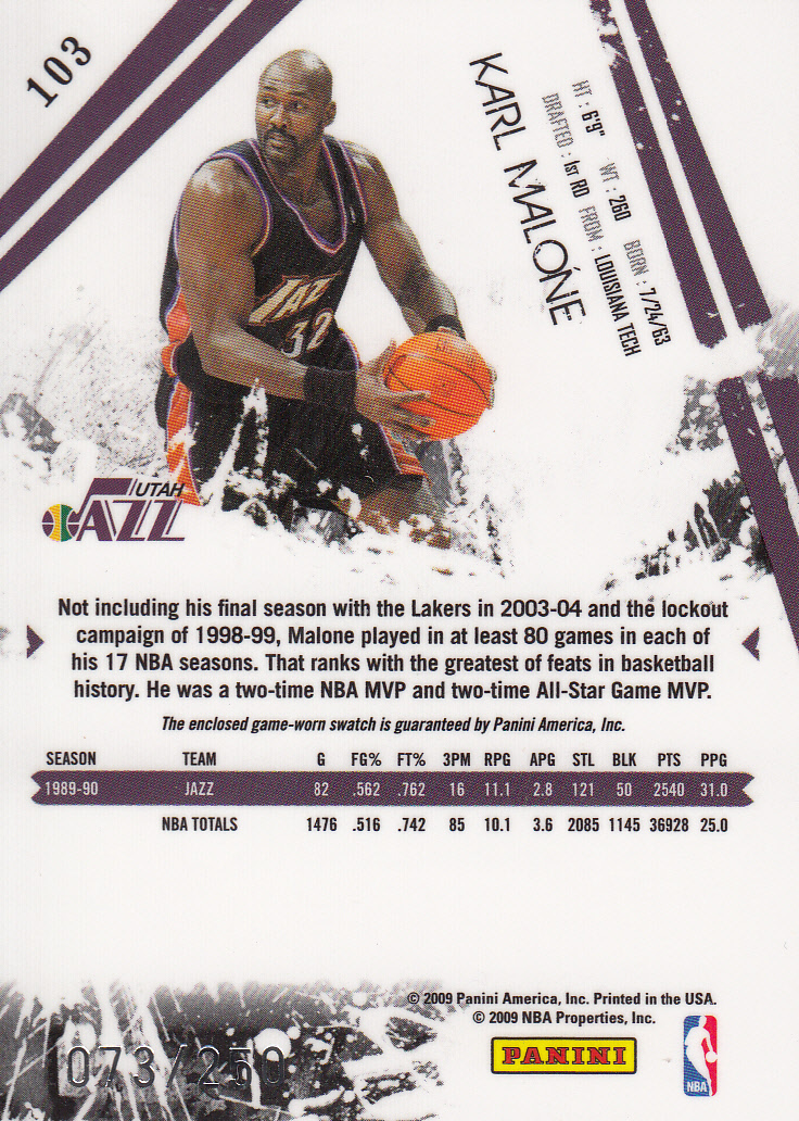 2009-10 Rookies and Stars Longevity Materials Ruby #103 Karl Malone/250 back image