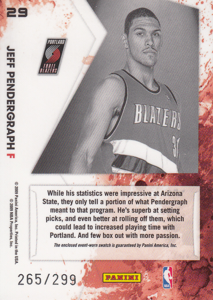 2009-10 Rookies and Stars Longevity Freshman Orientation Materials Jerseys #29 Jeff Pendergraph back image