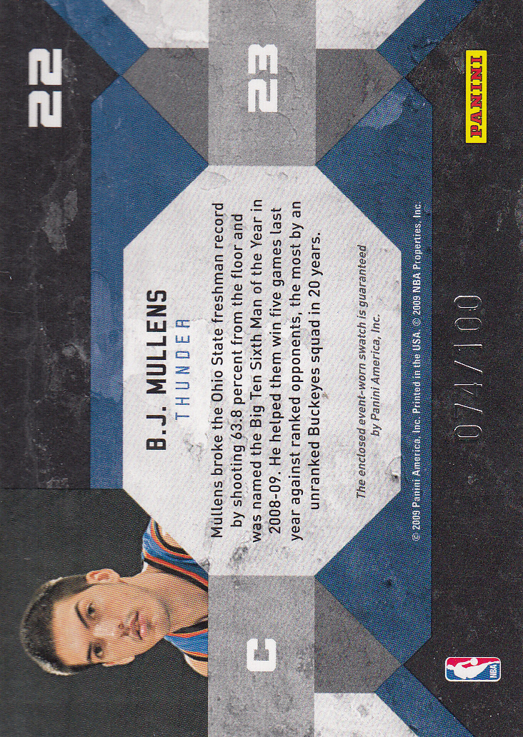 2009-10 Panini Threads Rookie Preview Jerseys #22 B.J. Mullens back image