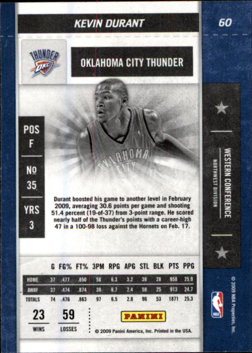 2009-10 Playoff Contenders #60 Kevin Durant back image