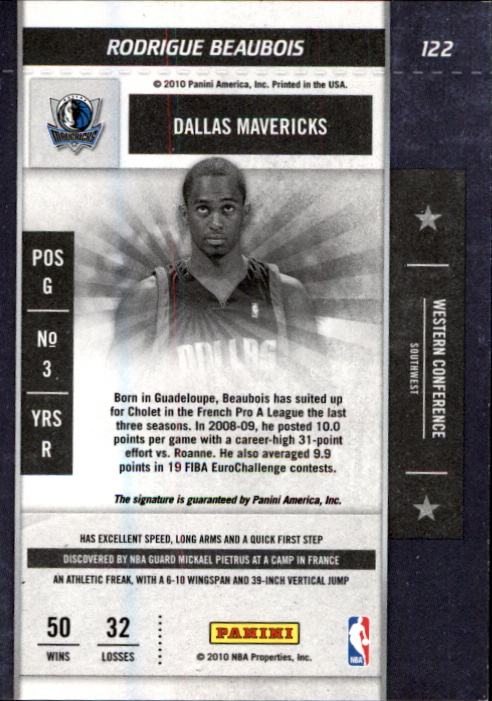 2009-10 Playoff Contenders #122 Rodrigue Beaubois AU RC back image