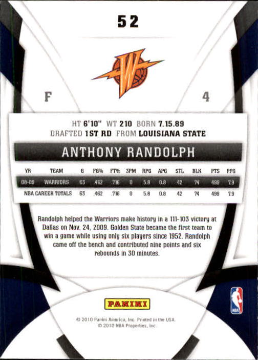 2009-10 Certified #52 Anthony Randolph back image