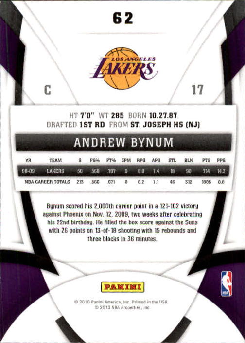 2009-10 Certified #62 Andrew Bynum back image