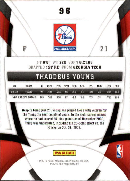 2009-10 Certified #96 Thaddeus Young back image