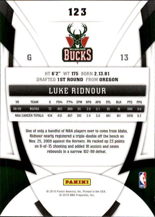 2009-10 Certified #123 Luke Ridnour back image