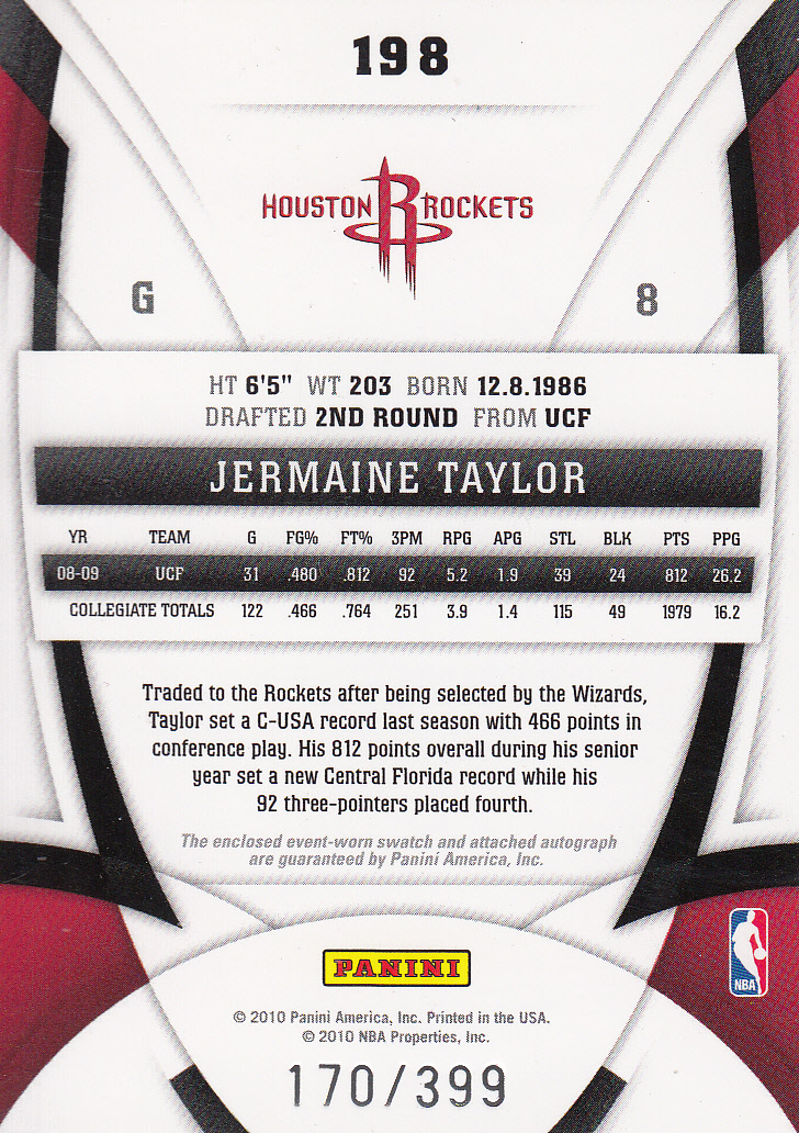2009-10 Certified #198 Jermaine Taylor JSY AU RC back image