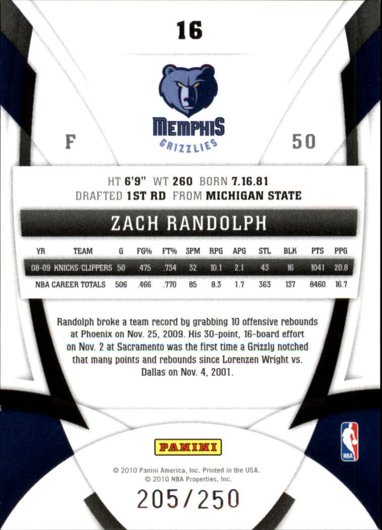 2009-10 Certified Mirror Red #16 Zach Randolph back image