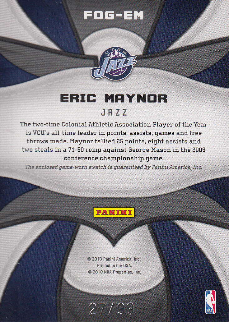 2009-10 Certified Fabric of the Game Jersey Number #188 Eric Maynor/99 back image