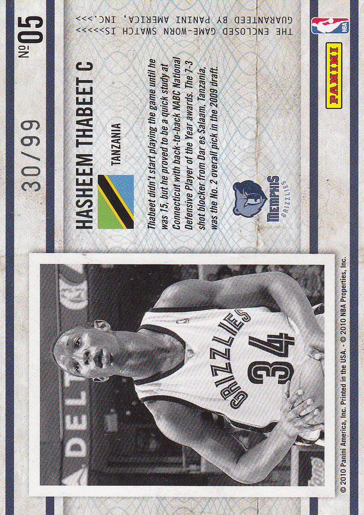 2009-10 Certified Imports Materials #5 Hasheem Thabeet/99 back image