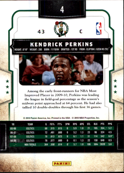 2009-10 Classics #4 Kendrick Perkins back image