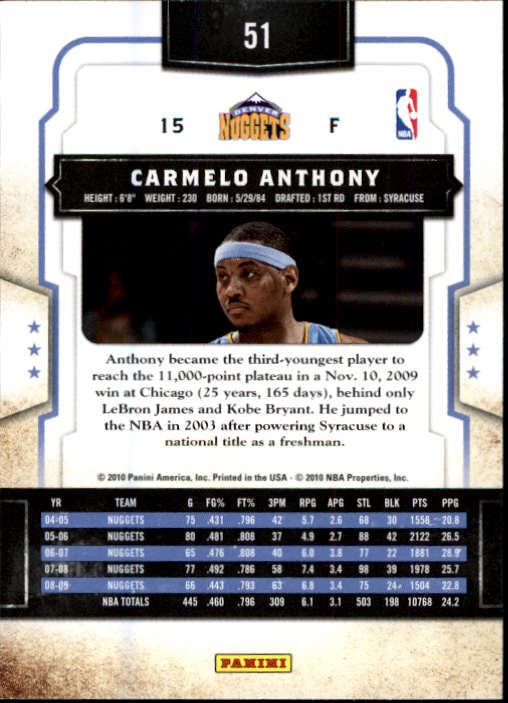 2009-10 Classics #51 Carmelo Anthony back image