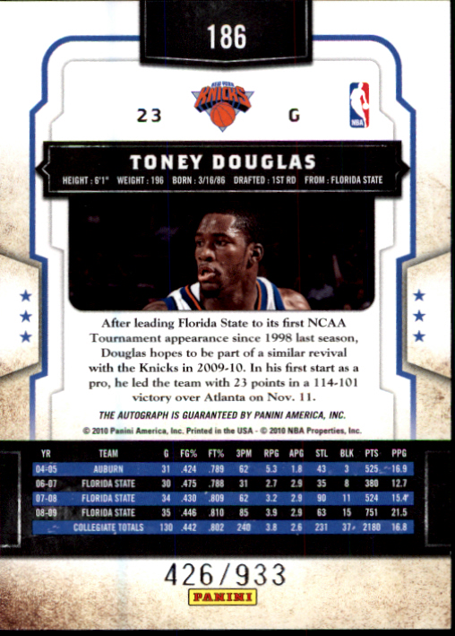 2009-10 Classics #186 Toney Douglas AU/933 RC back image