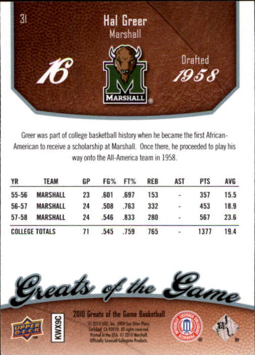 2009-10 Greats of the Game #31 Hal Greer back image