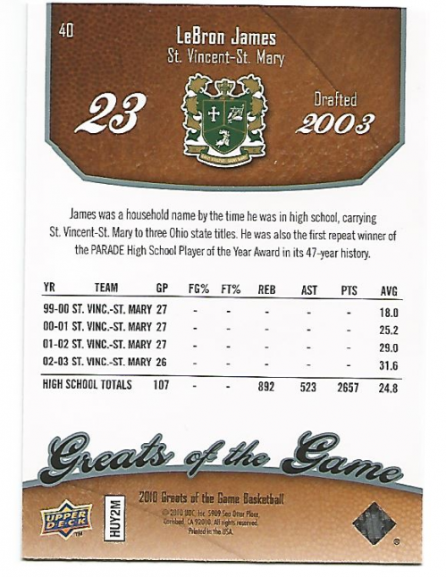 2009-10 Greats of the Game #40 LeBron James back image