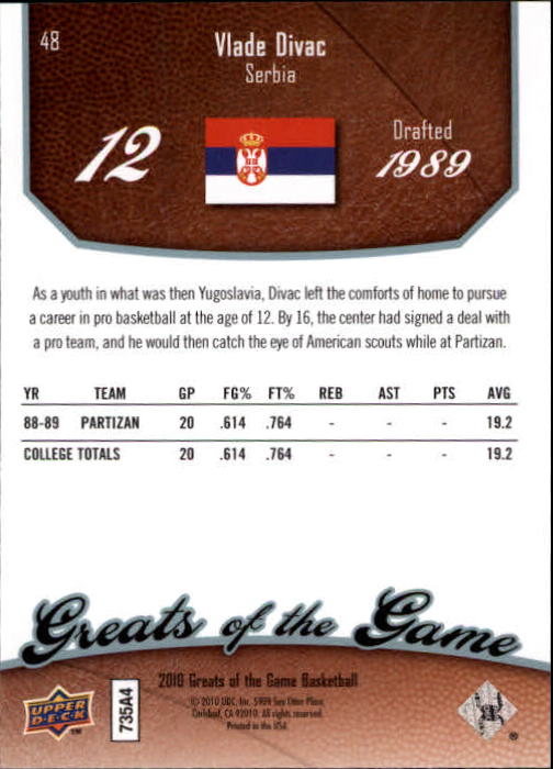 2009-10 Greats of the Game #48 Vlade Divac back image
