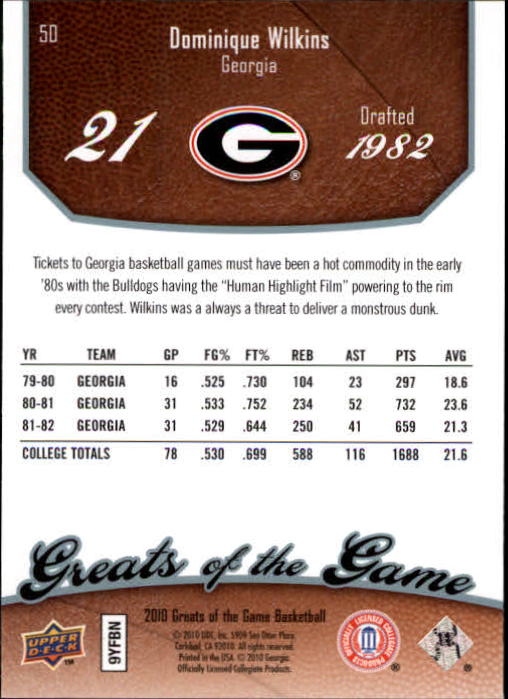 2009-10 Greats of the Game #50 Dominique Wilkins back image