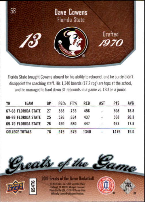 2009-10 Greats of the Game #58 Dave Cowens back image