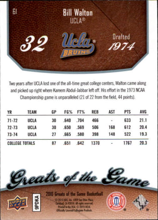 2009-10 Greats of the Game #61 Bill Walton back image