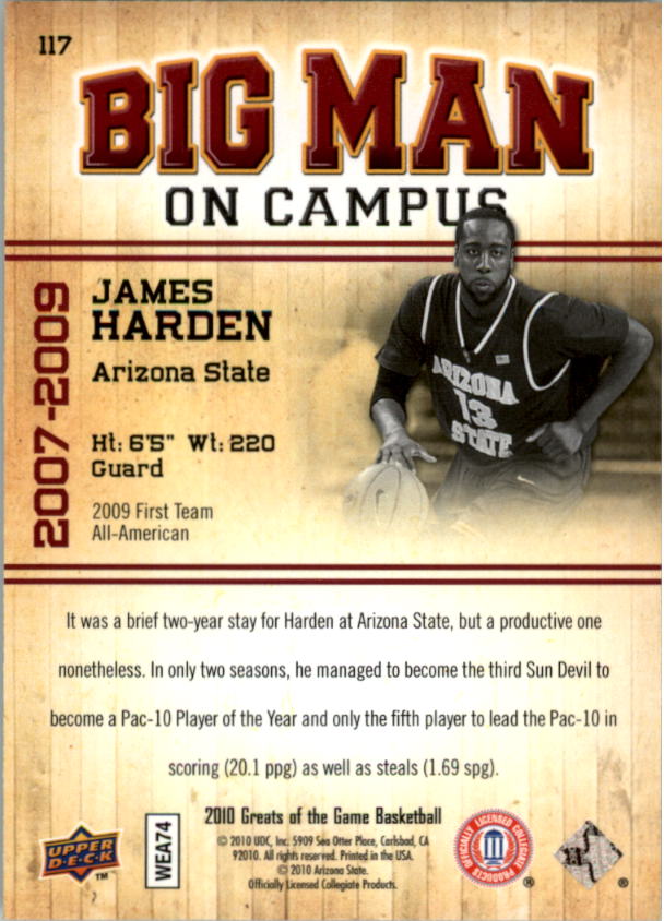 2009-10 Greats of the Game #117 James Harden BMC back image