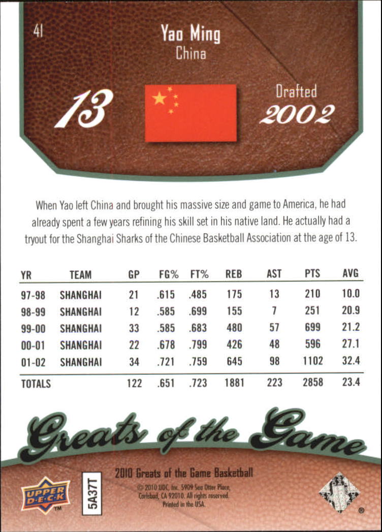 2009-10 Greats of the Game 199 #41 Yao Ming back image