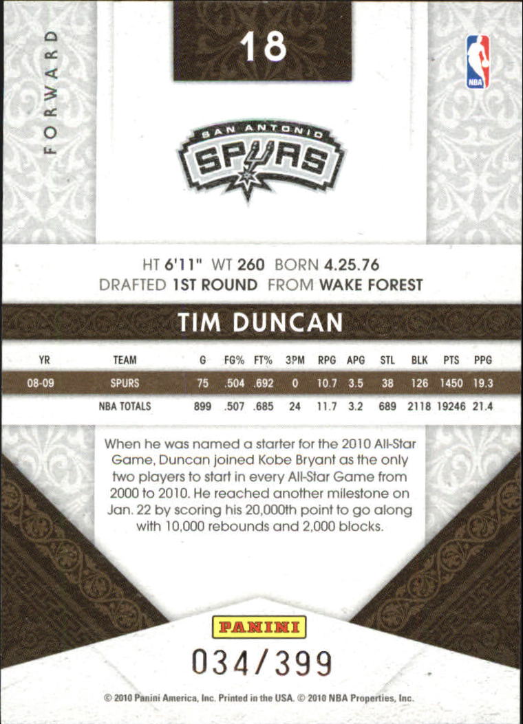 2009-10 Timeless Treasures #18 Tim Duncan back image
