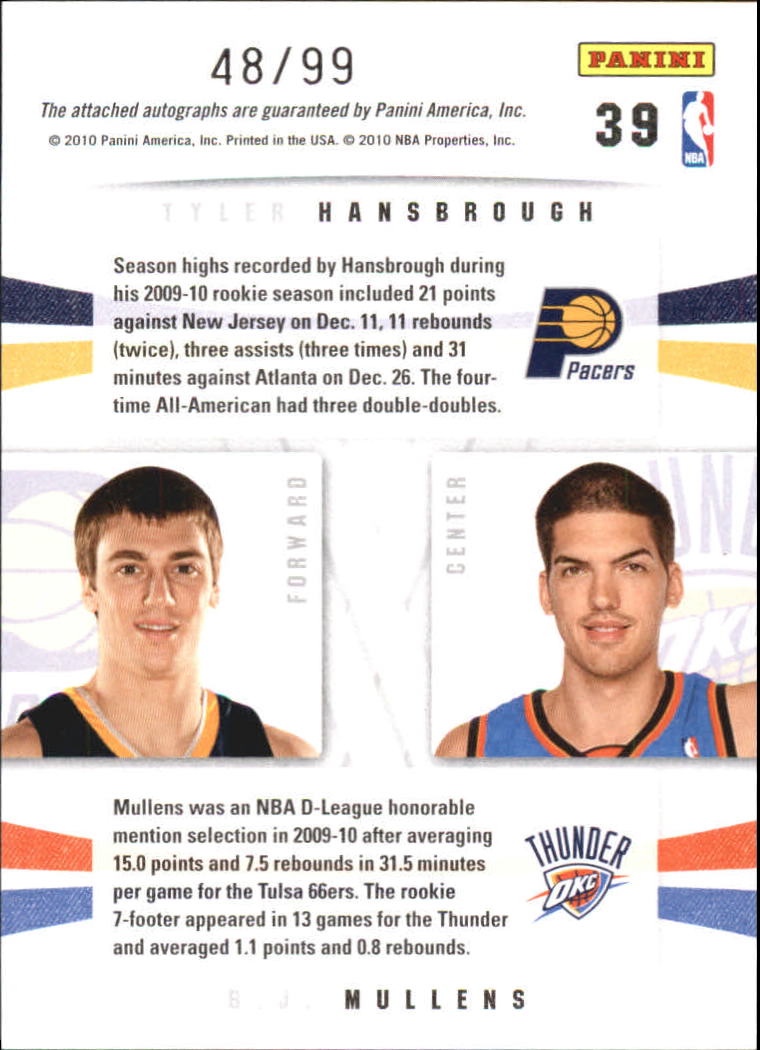 2009-10 Panini Season Update Rookie Duals Signatures #39 Tyler Hansbrough/99/B.J. Mullens back image