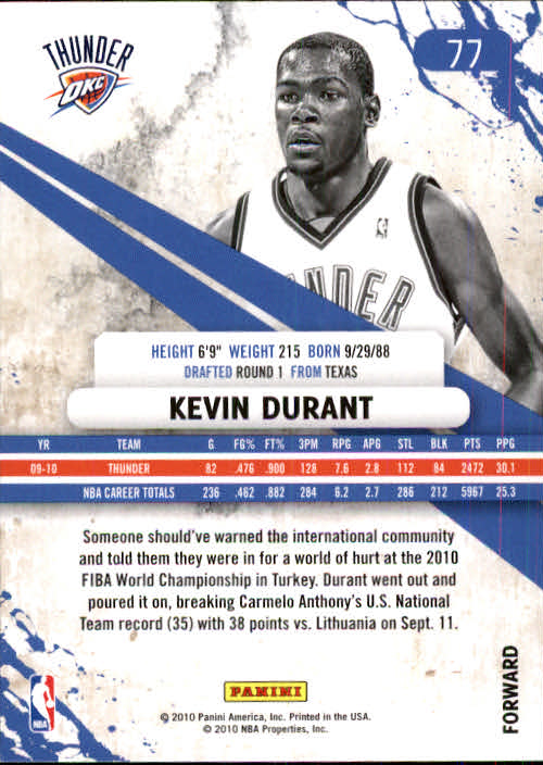 2010-11 Rookies and Stars Longevity #77 Kevin Durant back image