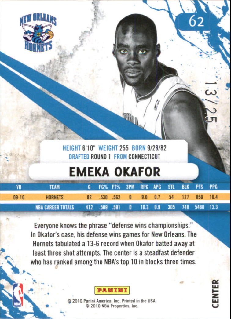 2010-11 Rookies and Stars Longevity Sapphire #62 Emeka Okafor back image
