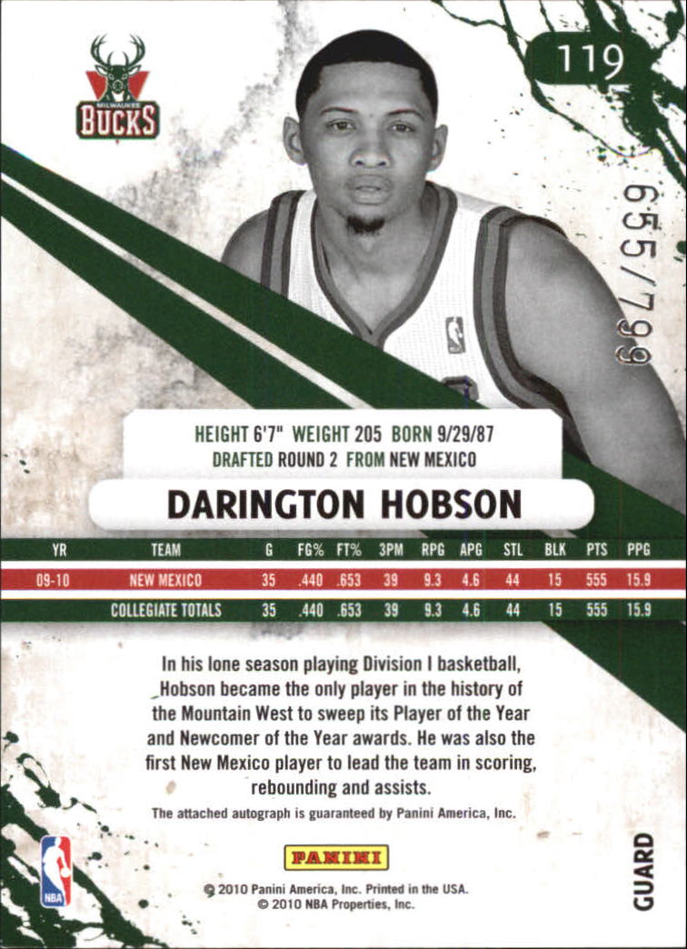 2010-11 Rookies and Stars Longevity Signatures #119 Darington Hobson/799 back image