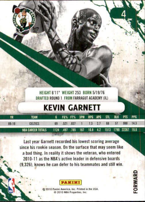2010-11 Rookies and Stars #4 Kevin Garnett back image